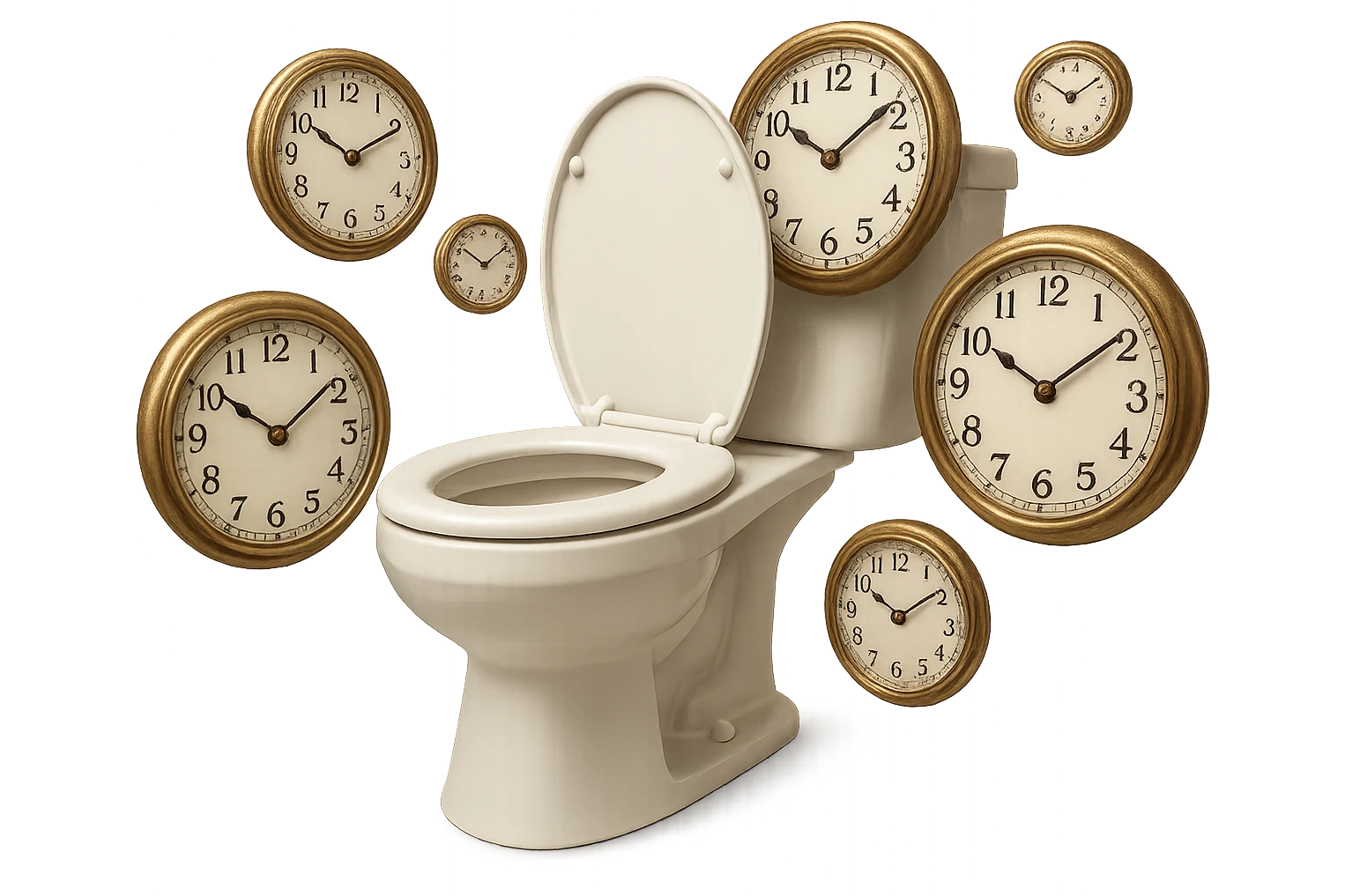 emoji stile iphone di un wc con orologi che gli fluttuano intorno, iperrealistico 4k emoji