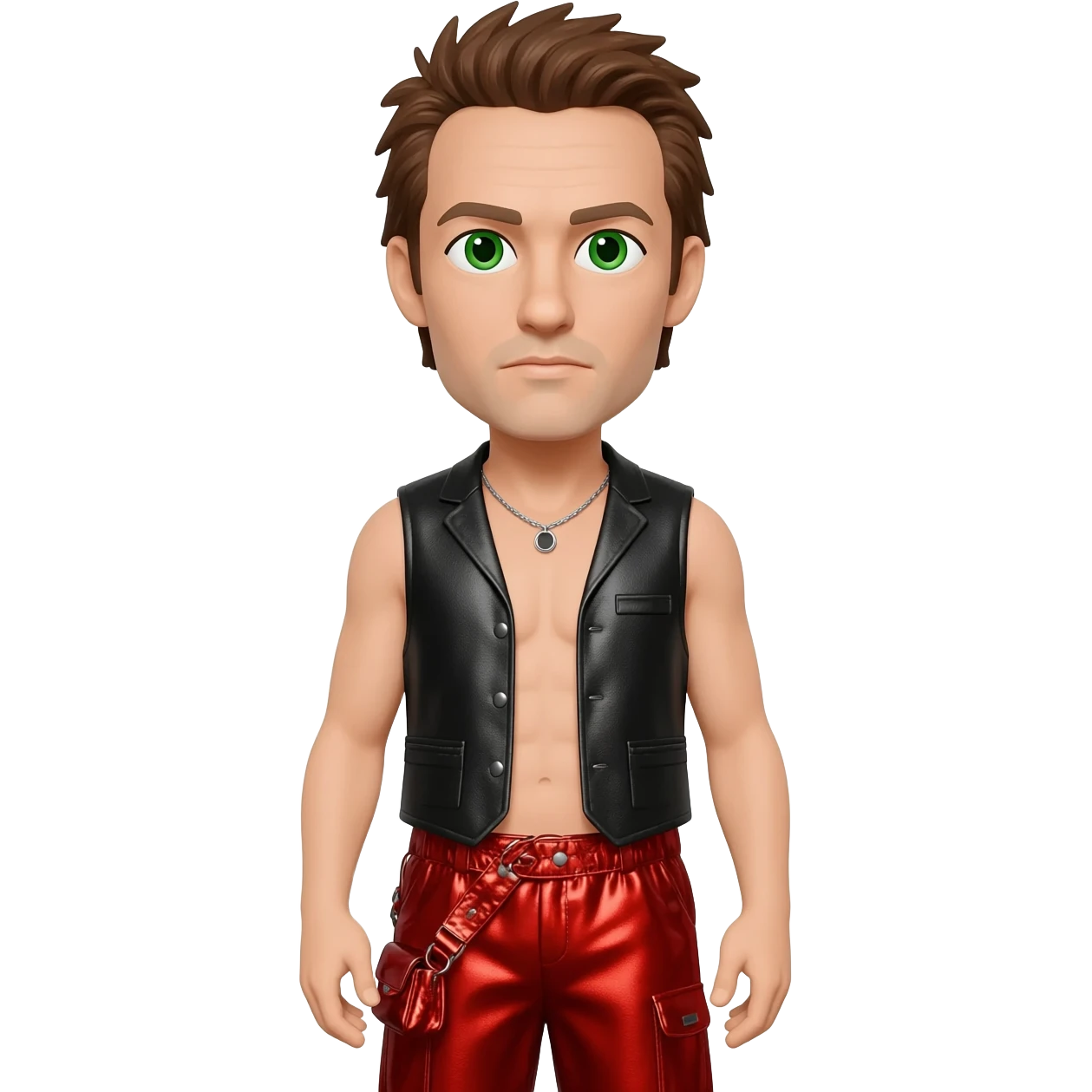 Tony Mortimer with green eyes, brown hair, black metallic vest, red metallic baggy pants, shirtless with necklace emoji