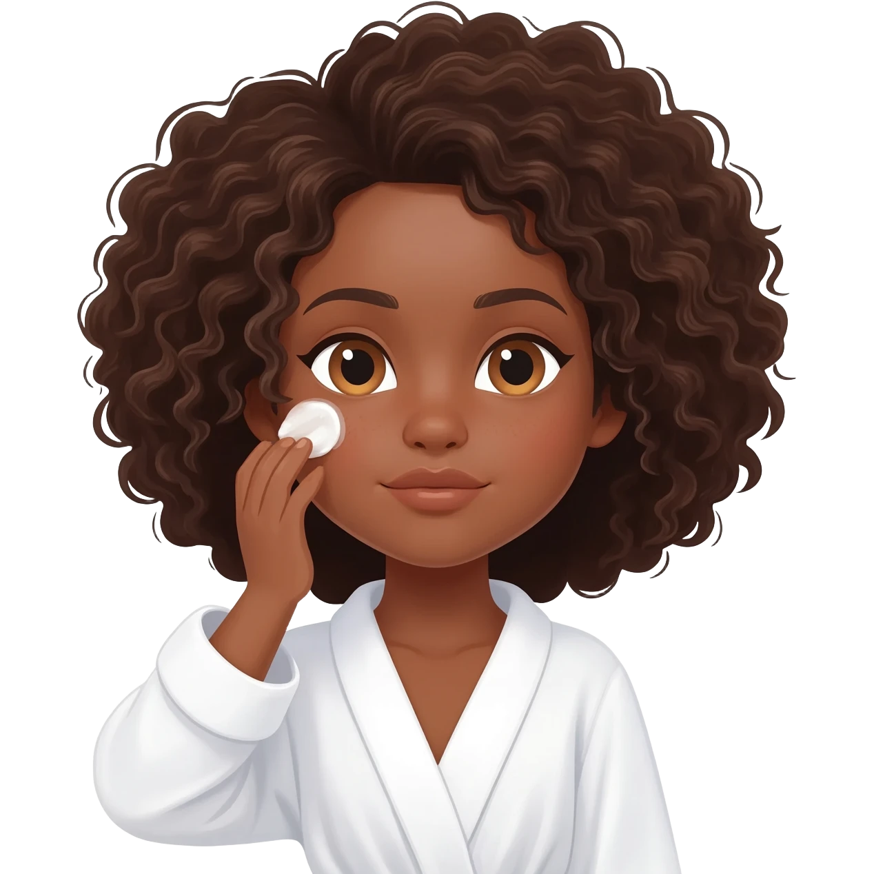 Menina parda,de olhos castanhos claros, com cabelos grandes encaracolados e um roupão branco e cosa fazendo skin care emoji