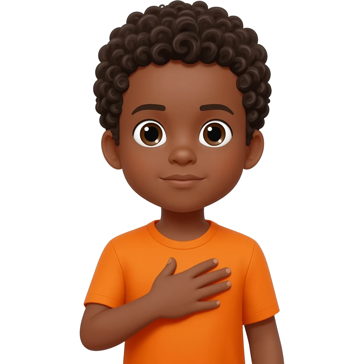 black boy curly hair orange shirt hand on heart emoji