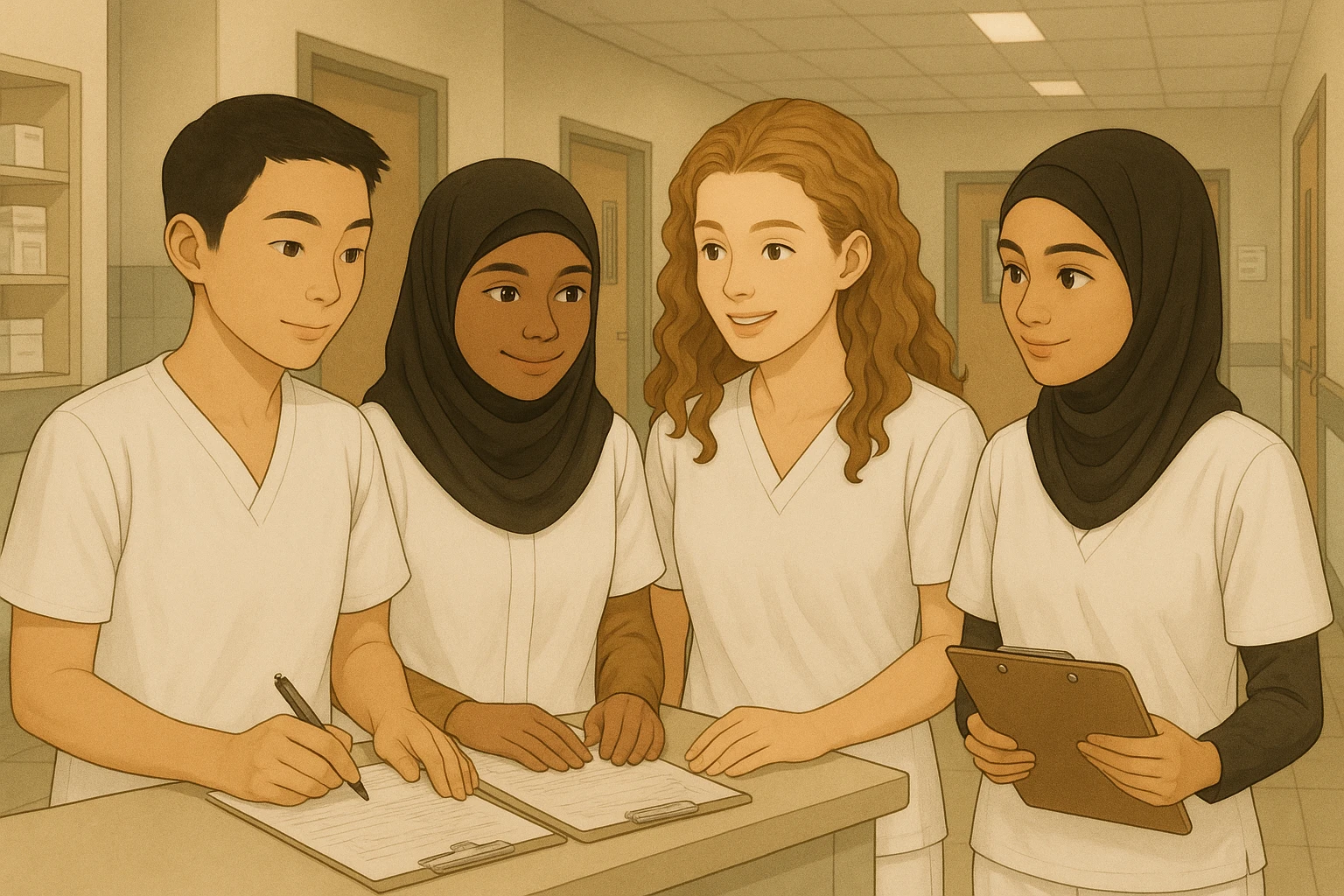 Remove all stethoscopes from the image. Modify the outfits so that all nursing students wear white tunics with V-neck, no buttons, short sleeves, no undershirts, and white pants if needed. Preserve the faces as much as possible from the original image. emoji
