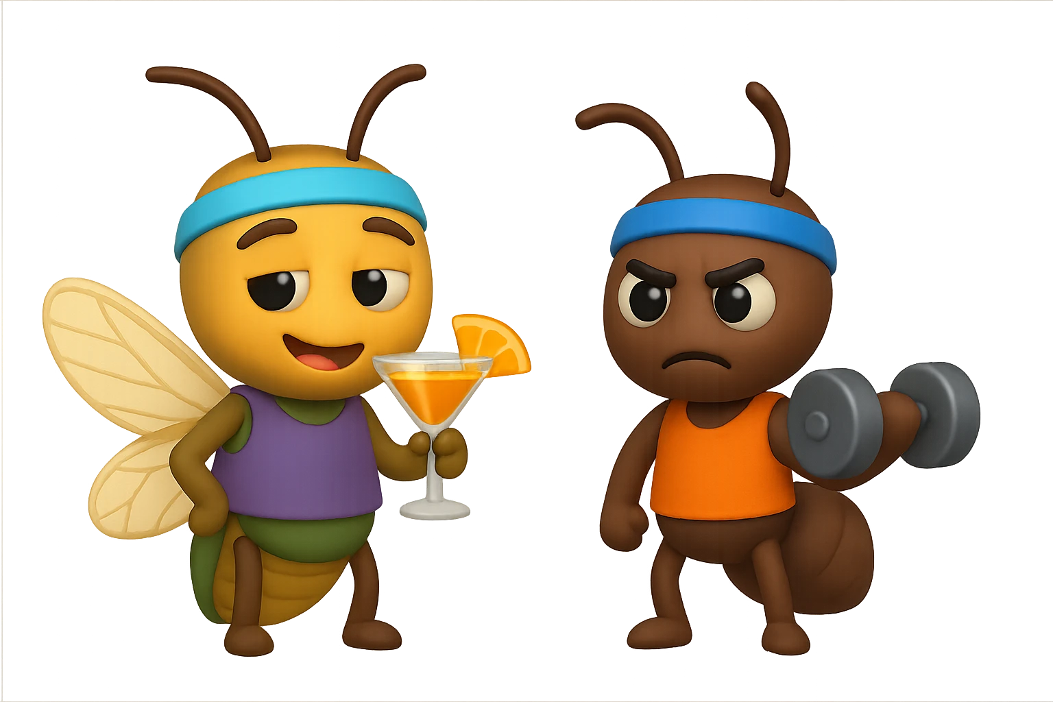 EMOJI STILE IPHONE 3D DI UNA CICALA E UNA FORMICA IN ABITI FITNESS, LA CICALA HA IN MANO UN COCKTAIL MENTRE LA FORMICA HA IN MANO UN MANUBRIO DA PALESTRA. L'IMMAGINE RAPPRESENTA IL FATTO CHE LA FORMICA VOGLIA IMPEGNARSI REALMENTE PER CAMBIARE IL SUO FISICO MENTRE LA CICALA SI VUOLE DIVERTIRE E NON CONCLUDE NULLA ALLA FINE emoji