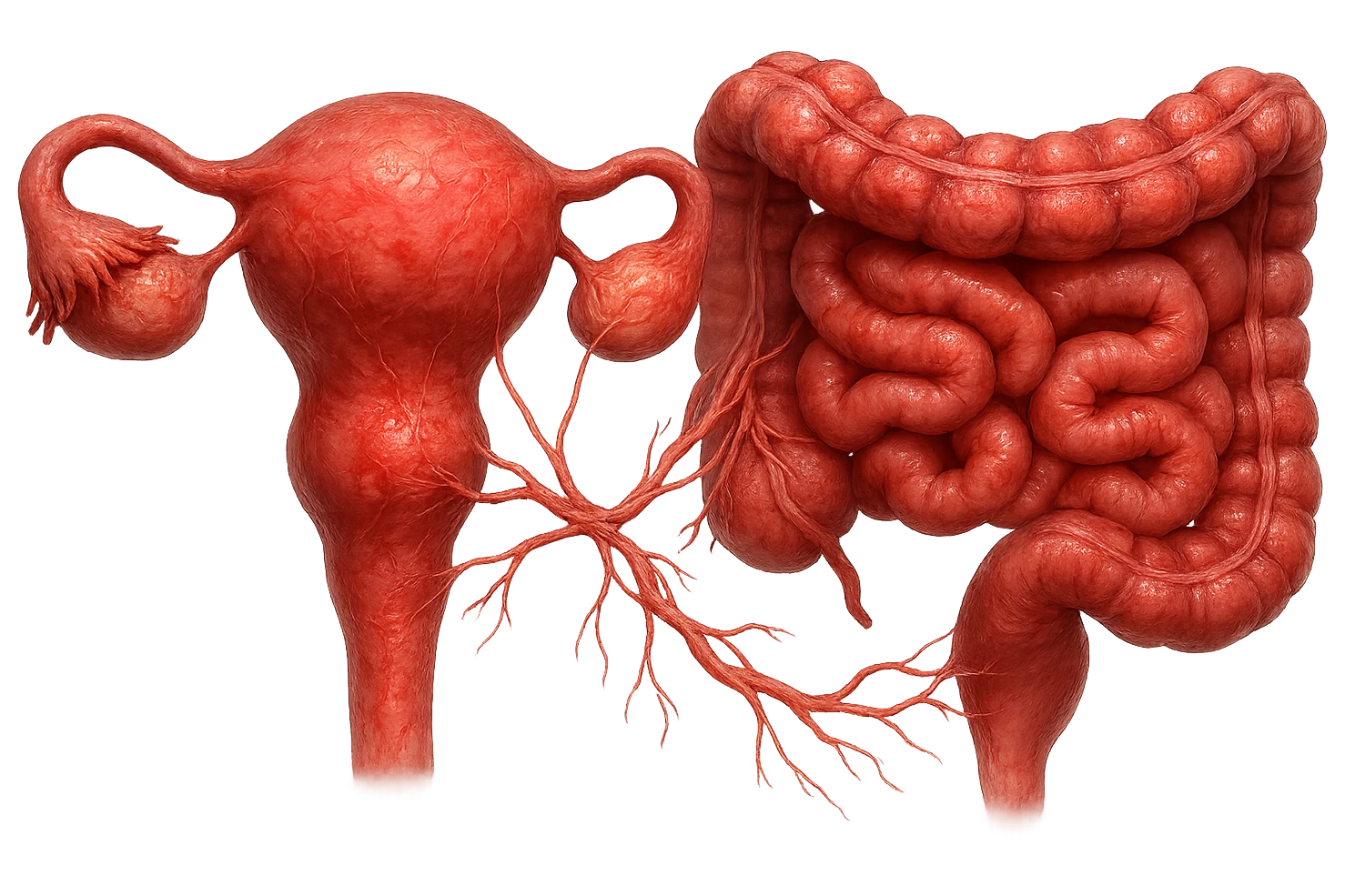 utero umano anatomico iperrealistico e intestino umano anatomico iperrealistico hanno in comune il dolore e l'infiammazione, rendi bene il collegamento tra i due organi doloranti, falla iperrealistica, non disegnata emoji