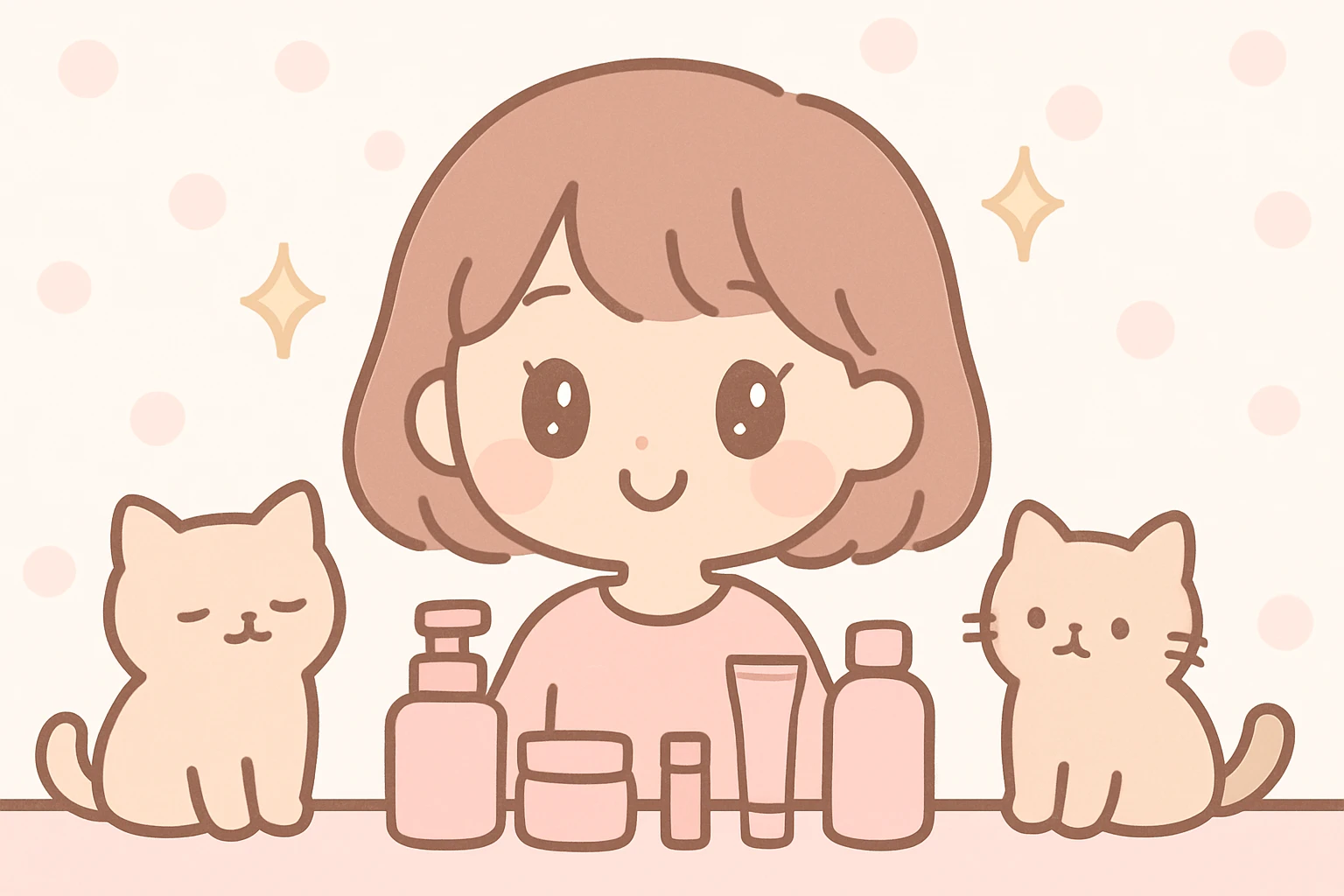 soft girl with short brown hair, surrounded by skincare products, sparkles, and two adorable light brown ragdoll cats, pink pastel aesthetic emoji