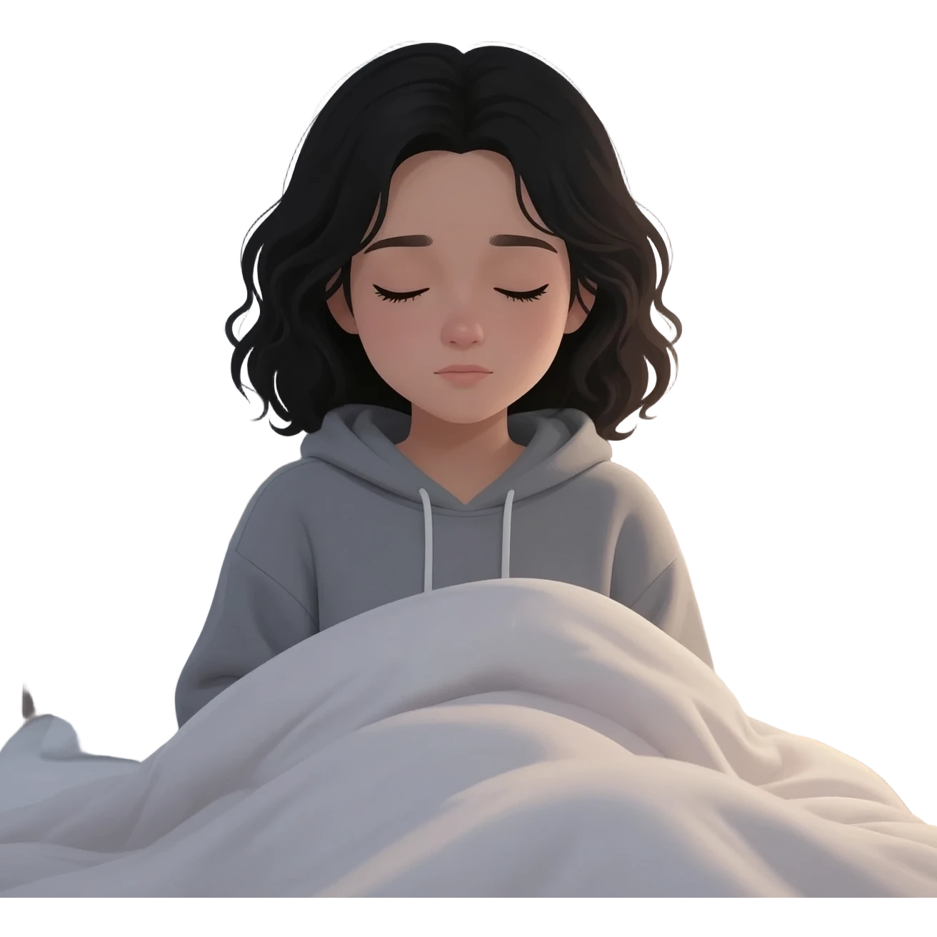 Girl with black wavy hair sleepy emoji