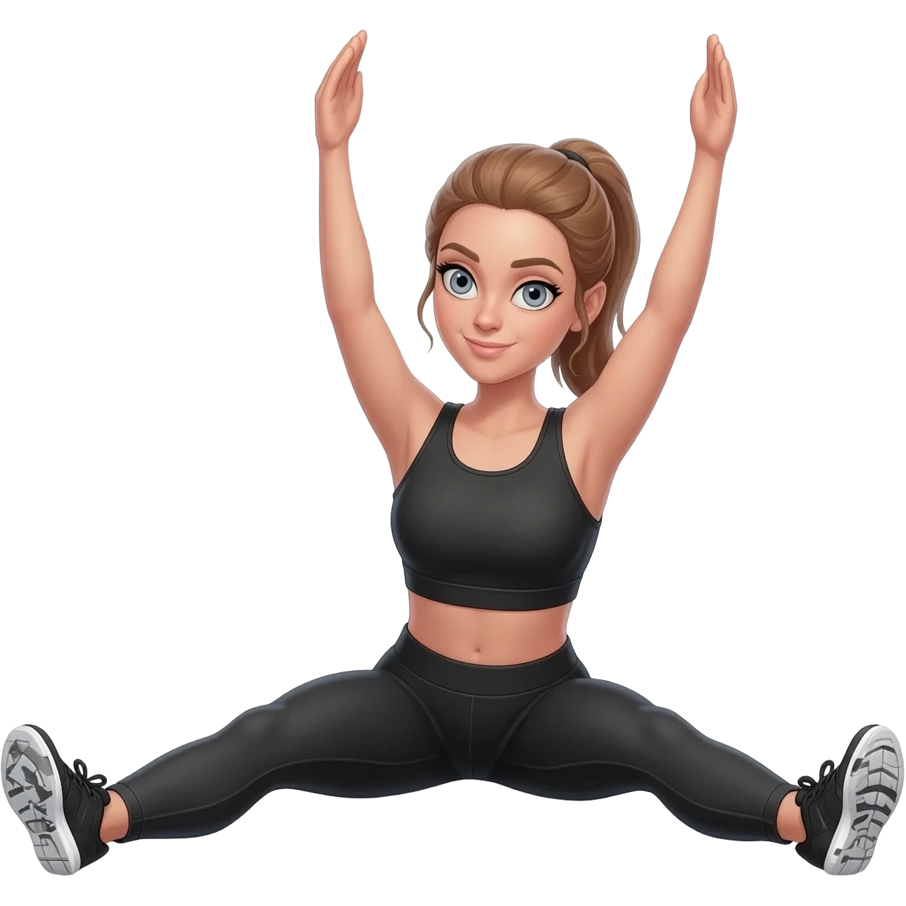 wide stretch touching arms and legs, full body warm-up, fair-skinned woman, gray-blue eyes, ash brown brows, ash light brown hair tied back, slim athletic body, black workout set, black sneakers with white soles emoji