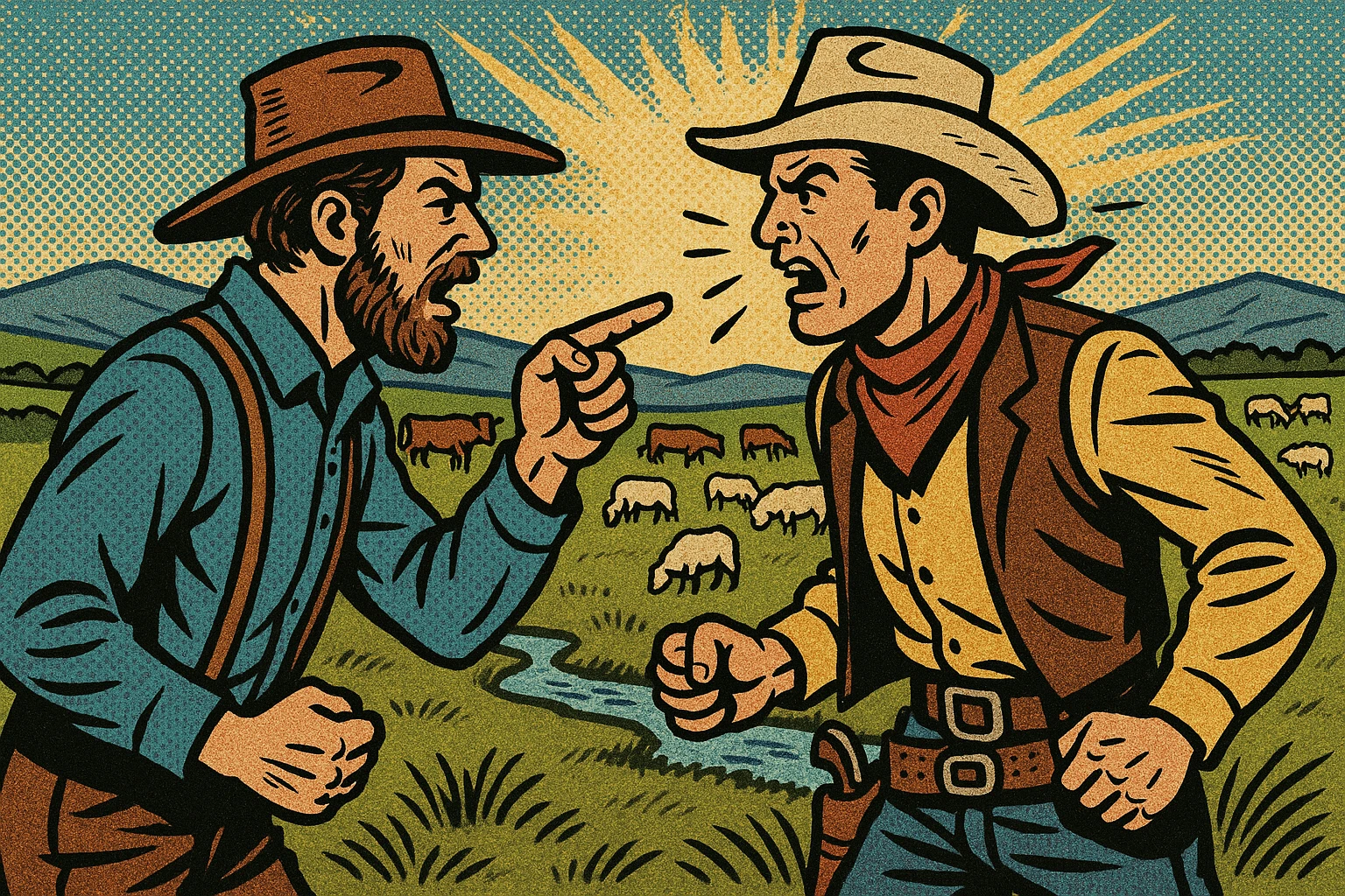 A homesteader having an argument with a cattle rancher cowboy in the grasslands of the American West in the 1870s. There are cattle and sheep grazing in the background with a small stream running through the land. emoji