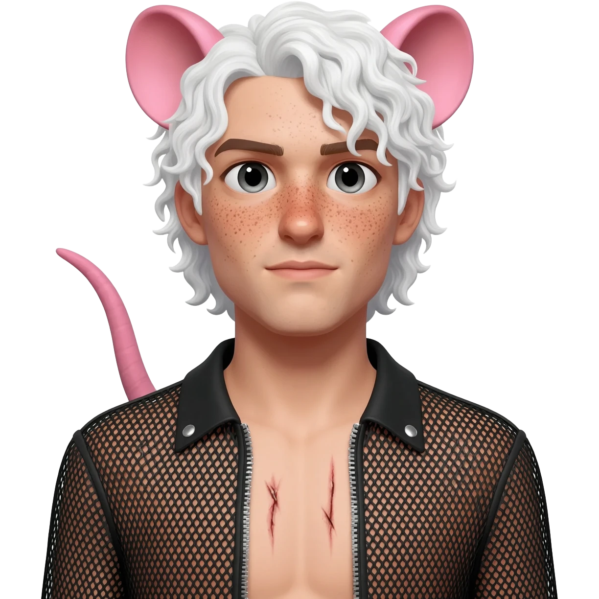 A transgender man has Two light scars along the chest under the nipples . He has rat ears and rat tails. He has freckles. His hair is long white and curly. He dressed in mesh jacket. emoji