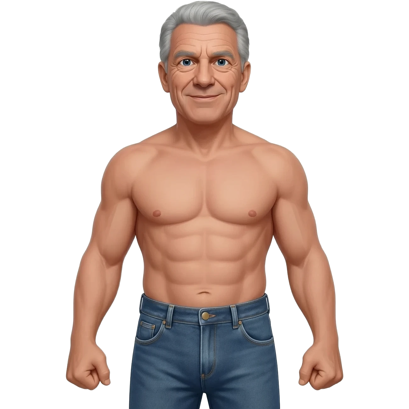 RFK Junior, u.s. health secretary, full body, a Grey haired old man with the voice of a broken robot with a wrinkly face that's "in shape" in a realistic photo style, full body, shirtless, full body super hero pose in jeans emoji