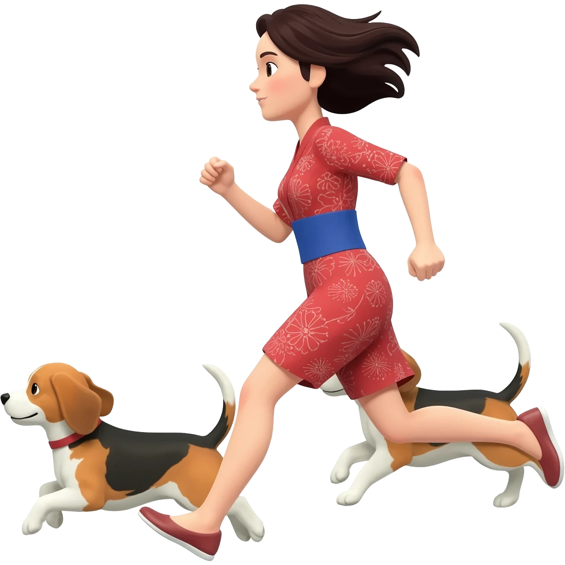 femme franco japonaise qui cours avec son beagles devant emoji