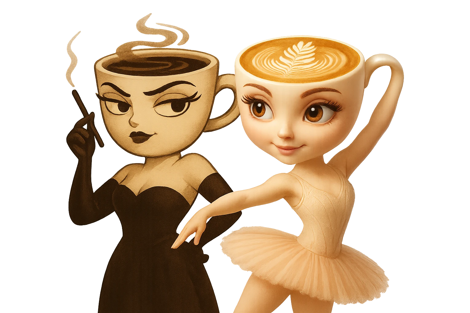 Combine both characters from the reference images into one image, standing side by side as if posing together for a portrait. Keep their original styles and details intact. Use a transparent background. emoji