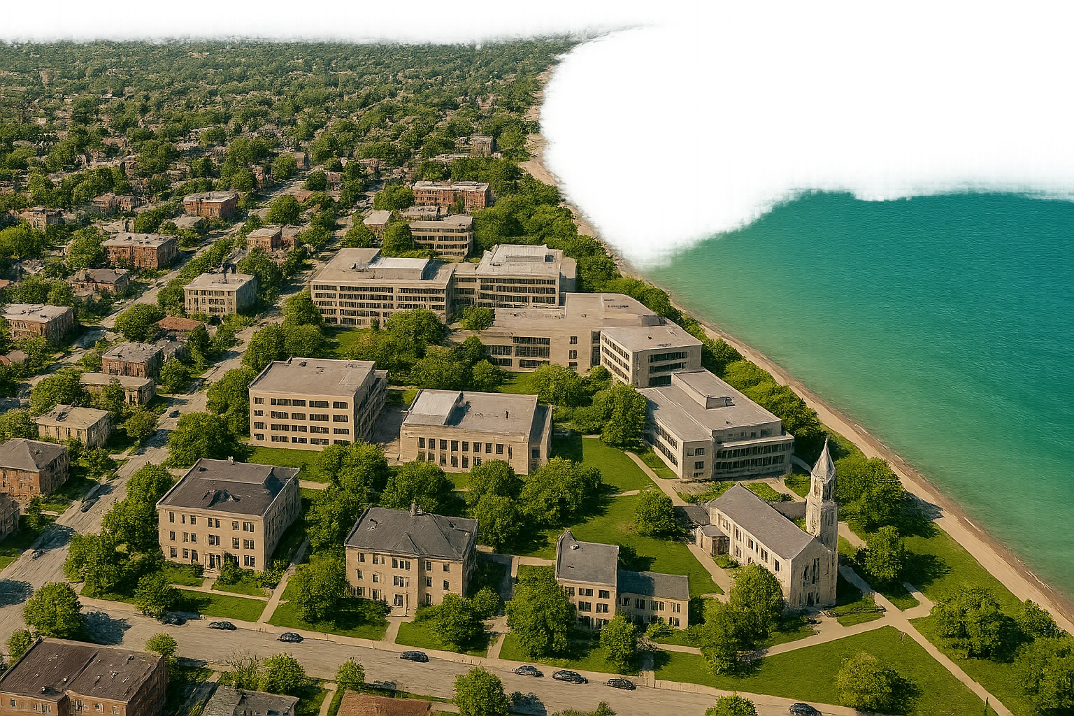 cinematic realistic emoji of Evanston, Illinois city view with a large, prominent Lake Michigan forming the entire eastern edge of the image, Northwestern University campus clearly visible and adjacent to the lake, Sigma Chi International Fraternity Headquarters and Levere Memorial Chapel (Sigma Alpha Epsilon HQ) as recognizable buildings, no downtown, lifelike detail, accurate colors, bright daytime, no sky, no clouds emoji