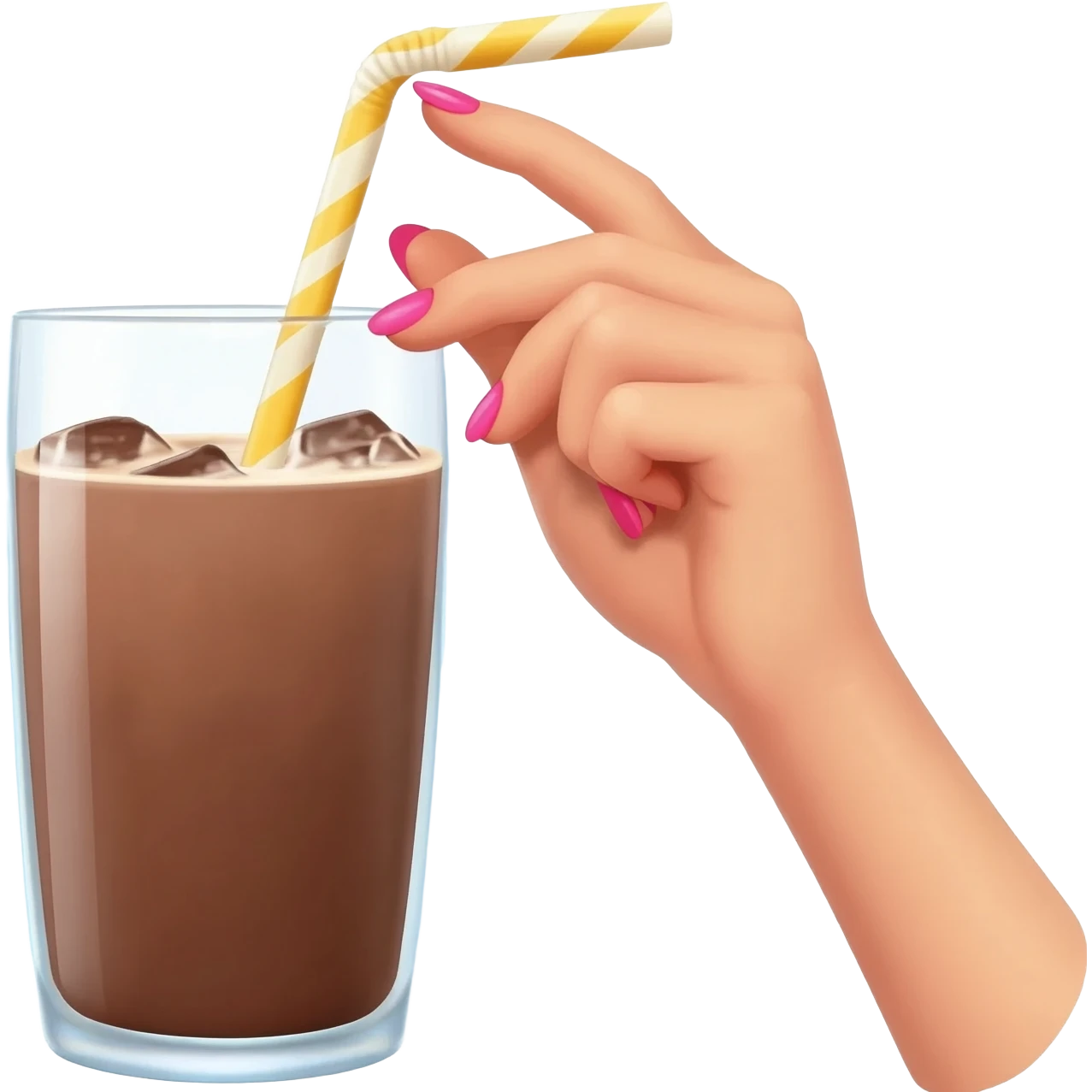 chocolat froid dans un grand verre avec une paille tenue par le bout d'une jolie main de femme avec une belle manucure Style Pinterest ultra réaliste Avec une bordure blanche IOS emoji