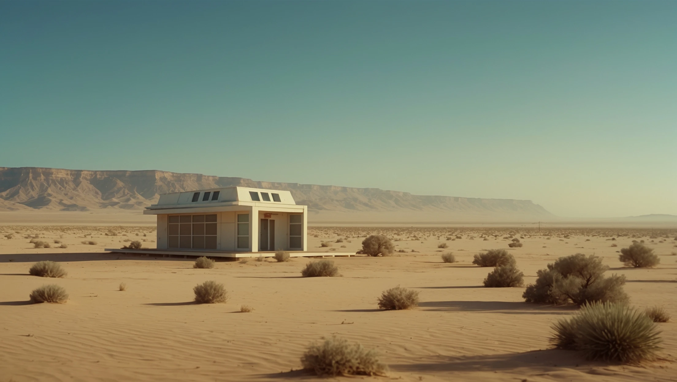 Cinematic still from 1990s Retro Space movie, film called Retro Futurism, Establishing scane showing desert with single small futuristic bulding, big landscape in background showing loneliness emoji