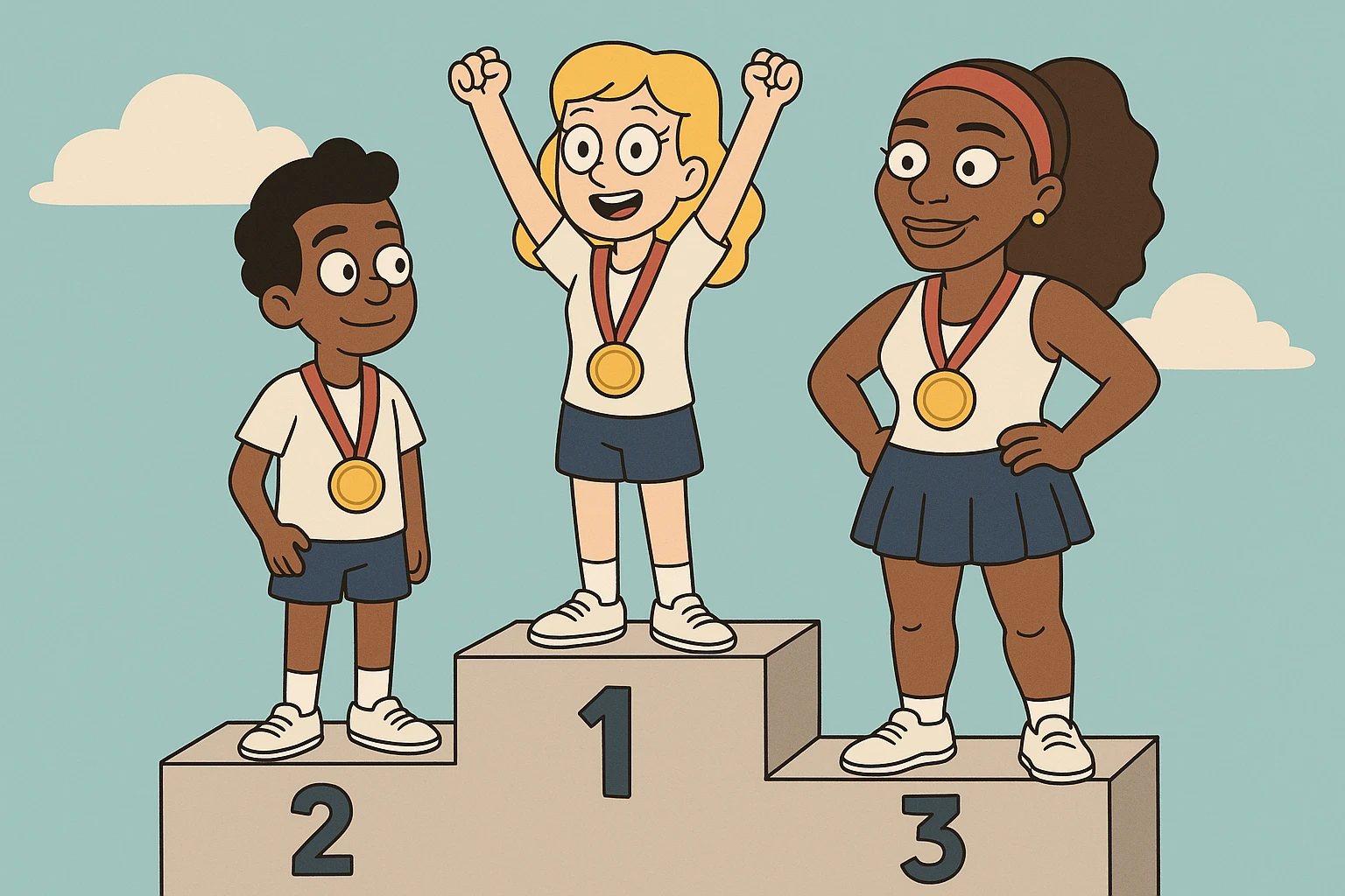 winners podium girl yellow hair Olympic Gold Medal a boy brown skin black Classic Curl hair Olympic Gold Medal Serena Williams Olympic Gold Medal  emoji