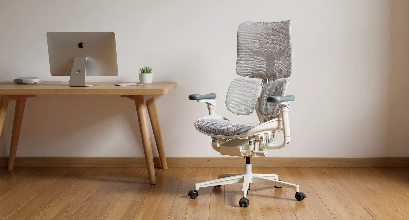 Editorial shot, Make this chair next to desk with mac setup, wooden modern floor, minimalistic room, contrast chair to wall, chair standing front to camera, soft bright light in room emoji
