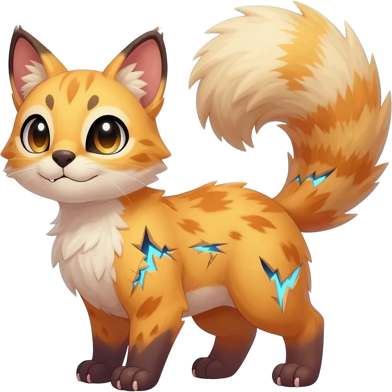 Realistic elegant sunburnt mango-saffron fur shattered by electric sky-blue zigzag scars beautiful elegant pretty precious cute  Fakémon-Pokémon-opossum-feline-serval-caracal-chinchilla-Furret-Minccino-hybrid-creature with a big fluffy bushy tail (full body) emoji