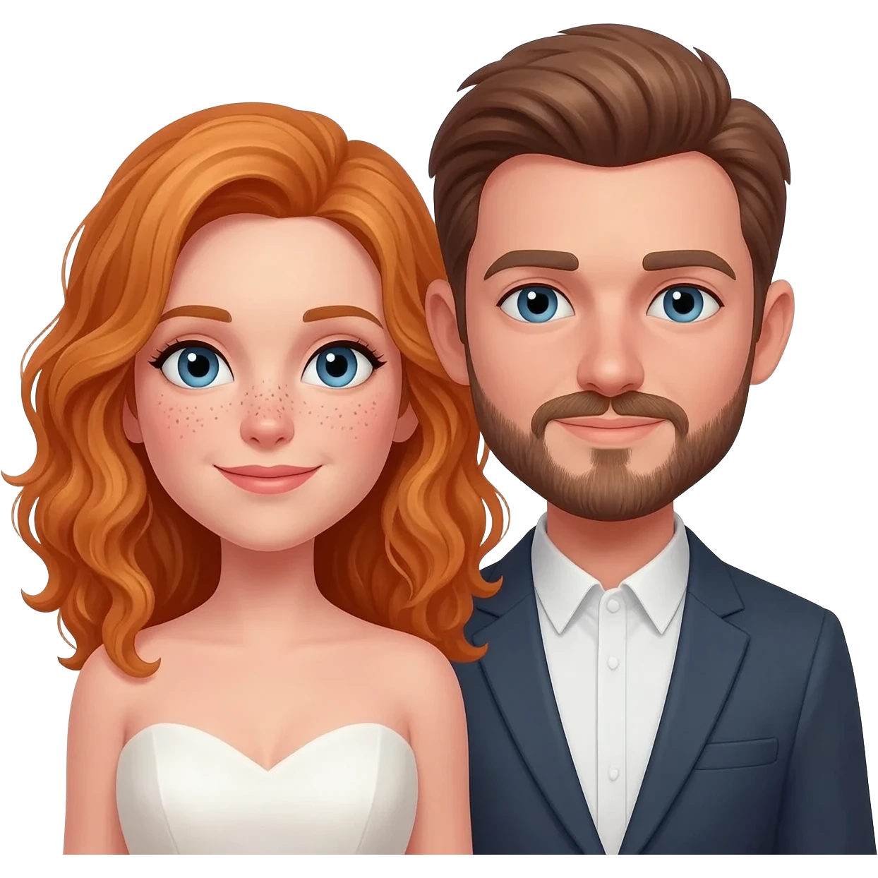 Ginger short hair (to shoulders and curled) bride with blue eyes and freckles and brown hair groom with blue eyes and short beard/mustache together emoji