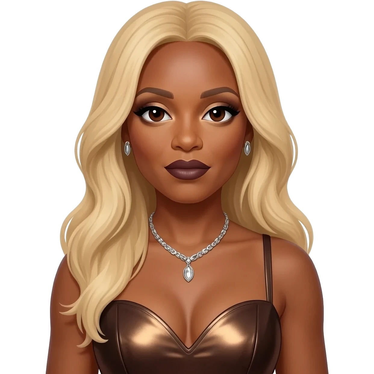 Mary J Blige with dark brown eyes, long blonde hair, ivory eyeshadow, dark brown lipstick, dark brown metallic sweetheart dress, silver necklace and earrings emoji