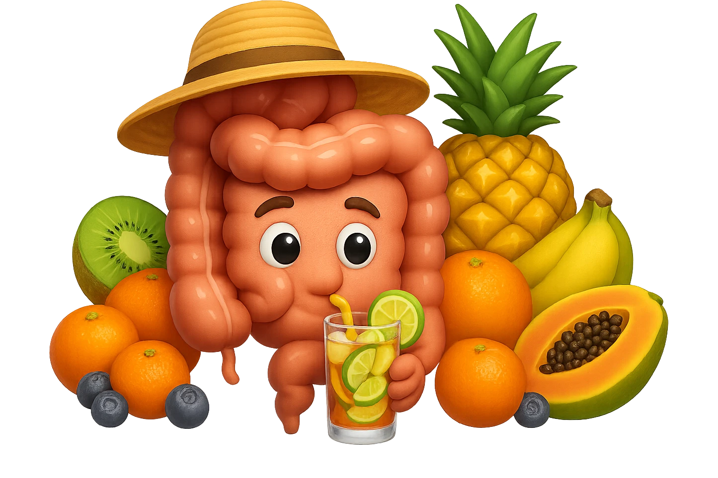 EMOJI STILE IPHONE DI INTESTINO UMANO REALISTICO CON CAPPELLO DI PAGLIA DA SPIAGGIA CHE BEVE UN Tè FREDDO IN BICCHIERE DI VETRO CON DENTRO  fette di cetriolo, limone, lime, DIETRO L'INTESTINO C'è UNA MONTAGNA DI PEZZI DI FRUTTA: Kiwi
Banana acerba
Arance e mandarini
Mirtilli
Ananas
Papaya
IPERREALISTICO 4K emoji