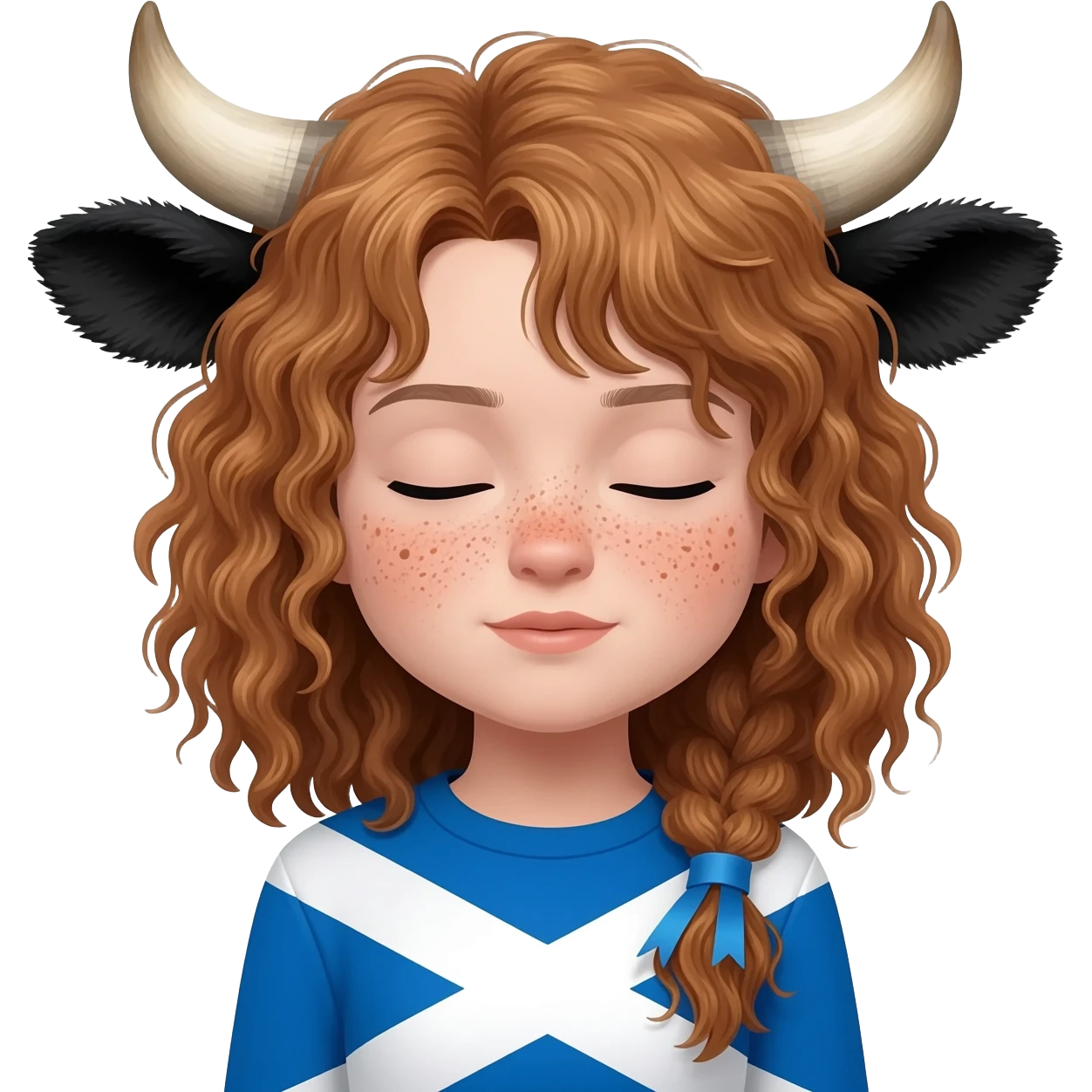 curly girl with freckles with messy light brown bangs covering the eyes with cow horns and cow ears with scottish flag on his shoulders with ribbon in her hair emoji