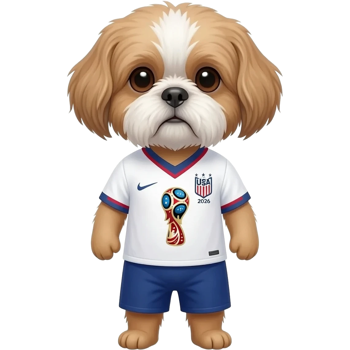 white and light brown shih zhu wearing a USA white blue and redsoccer jersey v neck 2026 work cup emoji
