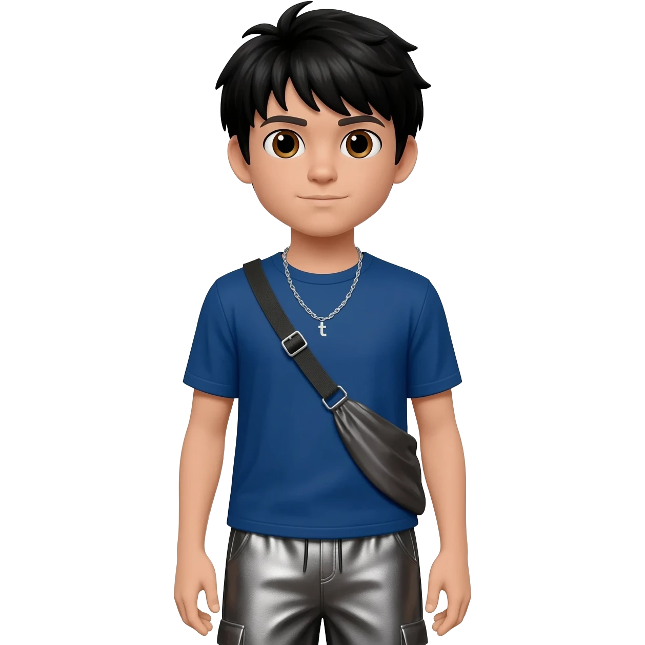 Jay from Kubz Scouts with brown eyes, black hair, indigo metallic t-shirt, charcoal metallic baggy pants, silver necklace emoji