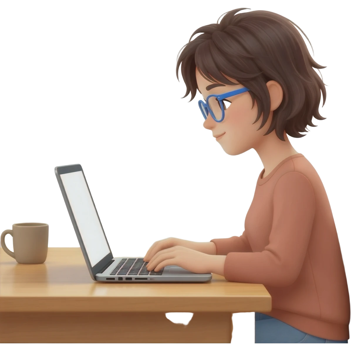 girl with messy hair and glasses working from home  on PC emoji