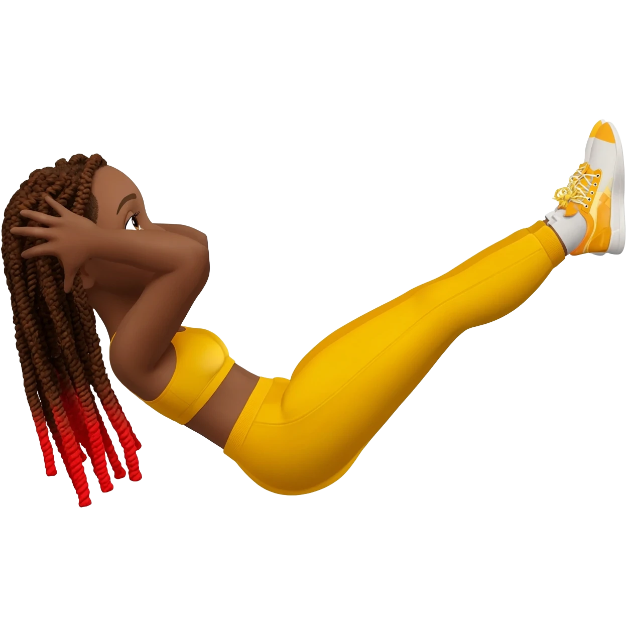 African American girl with long dreadlocks brown with red tips,  In yellow working out clothes in various work out poses (sit ups, crunches, etc) emoji