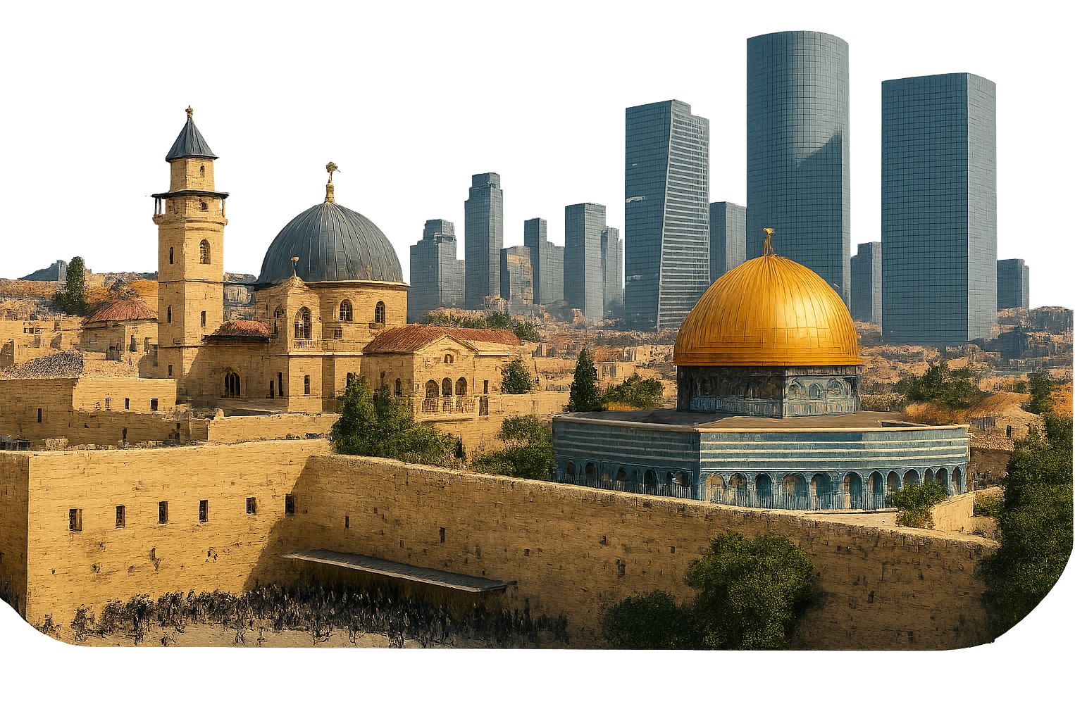 cinematic, realistic emoji combining Jerusalem and Tel Aviv, wide city view with realistic depictions of Dome of the Rock, Western Wall, Church of the Holy Sepulchre, and Tel Aviv skyline with Azrieli Center, lifelike detail, accurate colors, bright daytime lighting, fully transparent background with no sky and no clouds, emphasize realism and architectural accuracy emoji