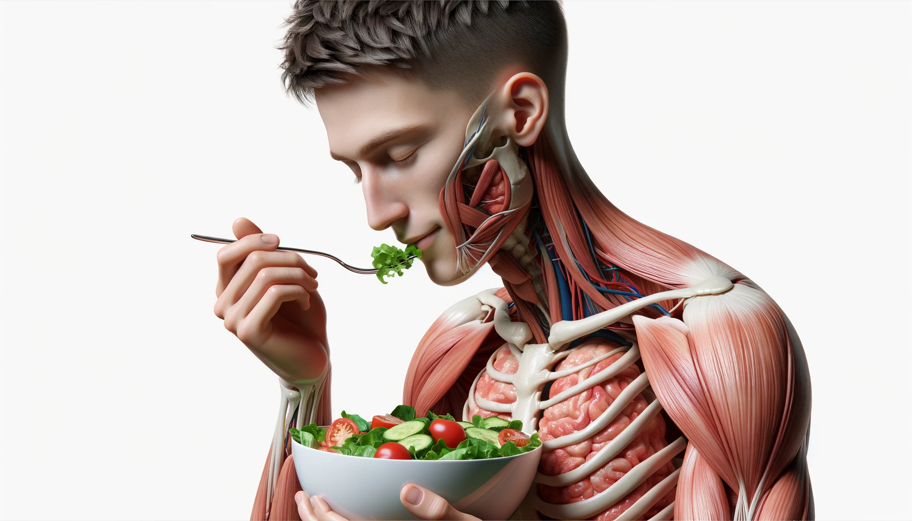 corpo umano anatomico con capelli corti che mangia un insalata con espressione serena in volto, organi sani in evidenza, iperrealistica 4k, isolato su sfondo bianco emoji