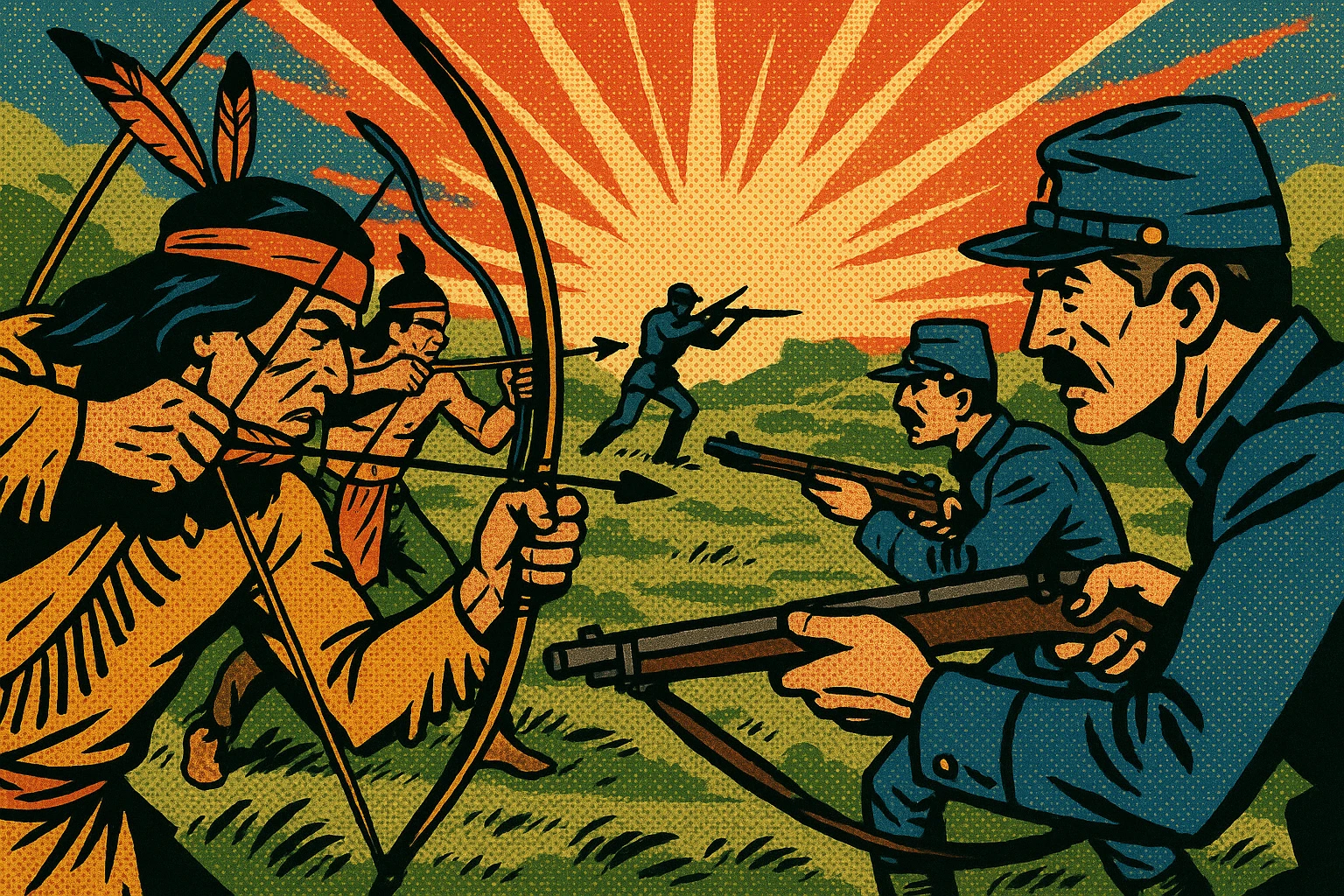 A conflict scene between native American warriors using bows and arrows and the US Army using rifles in the American West in the 1860s. emoji