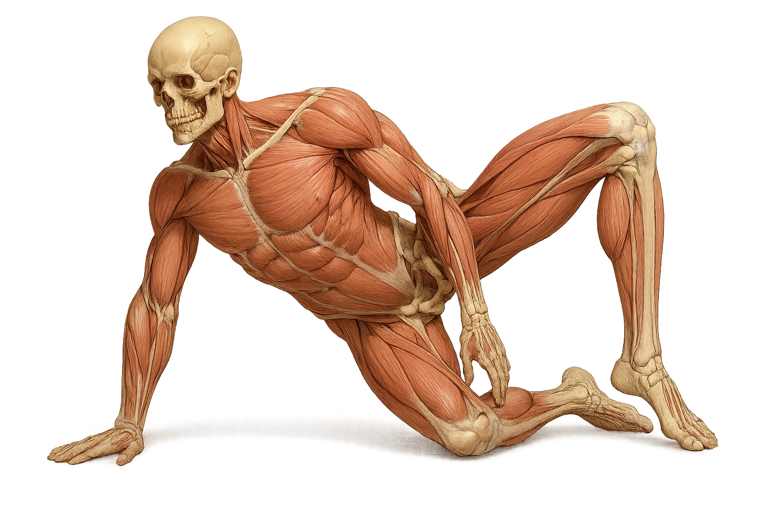 CORPO UMANO ANATOMICO REALISTICO CHE SVOLGE UN ESERCIZIO DI MOBILITà ALLE ANCHE, iperrealistico 4k emoji