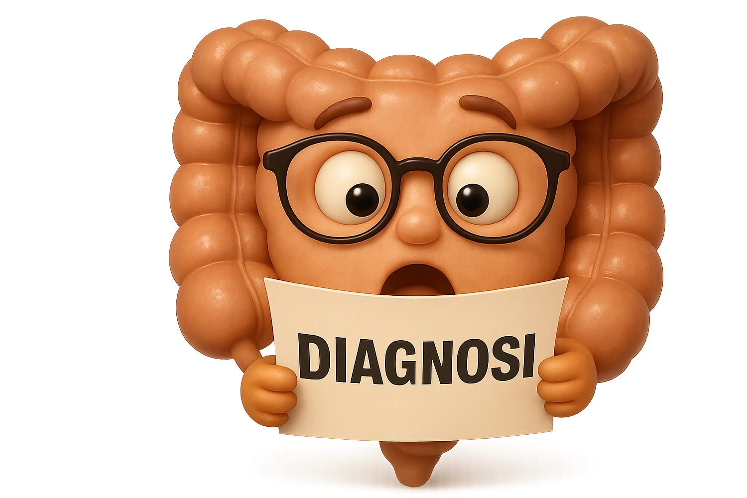 EMOJI STILE IPHONE DI UN INTESTINO CON GLI OCCHIALI CHE LEGGE UN FOGLIO CON LA SCRITTA DIAGNOSI, ESPRESSIONE STUPITA IN VOLTO, IPERREALISTICO 4K emoji