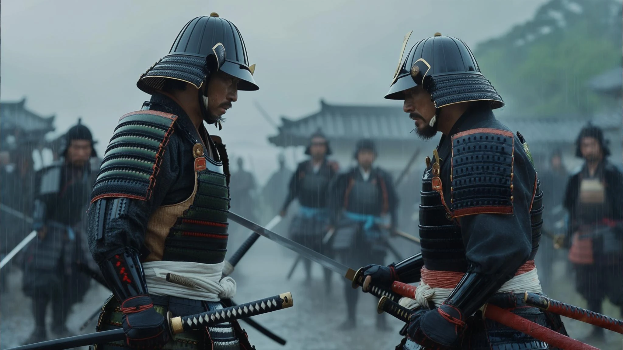 A cinematic scane from 1185, Wide shot of a two japan samurai face to face ready to fight during rain, deph composition, tense atmosphere, captured by by arri alexa, film directed by wes anderson emoji