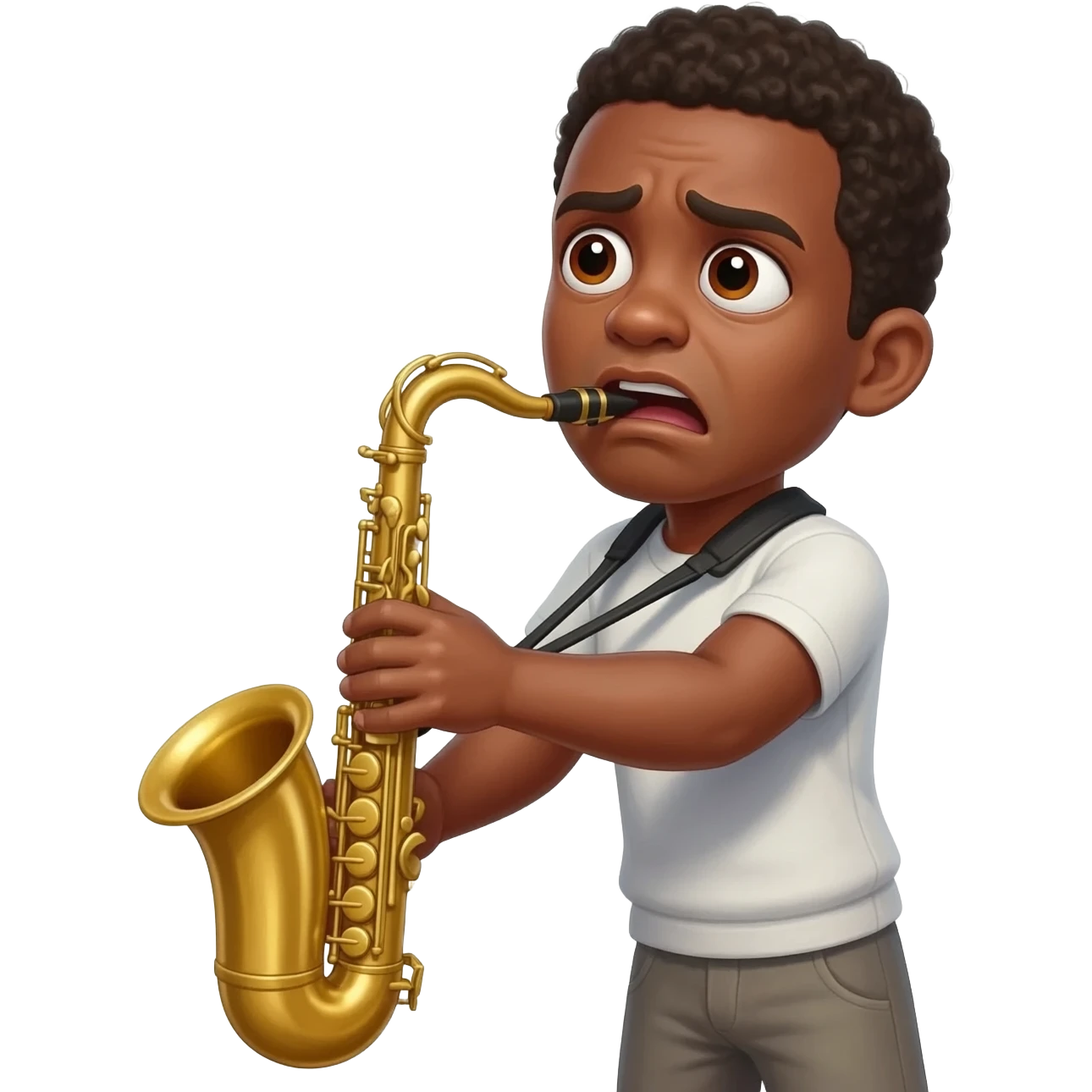 yellow emoji face, that looks off into the distance kinda scared, but is also playing an alto saxophone. emoji