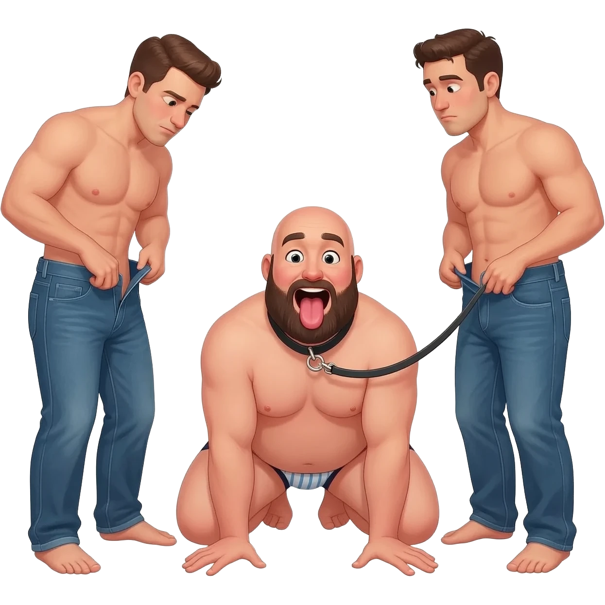 Two shirtless men unbuttoning their jeans are surrounding a chubby bald bearded guy in underwear with mouth wide open and tongue out on his hands and knees wearing a collar and leash held by one man in a realistic picture emoji