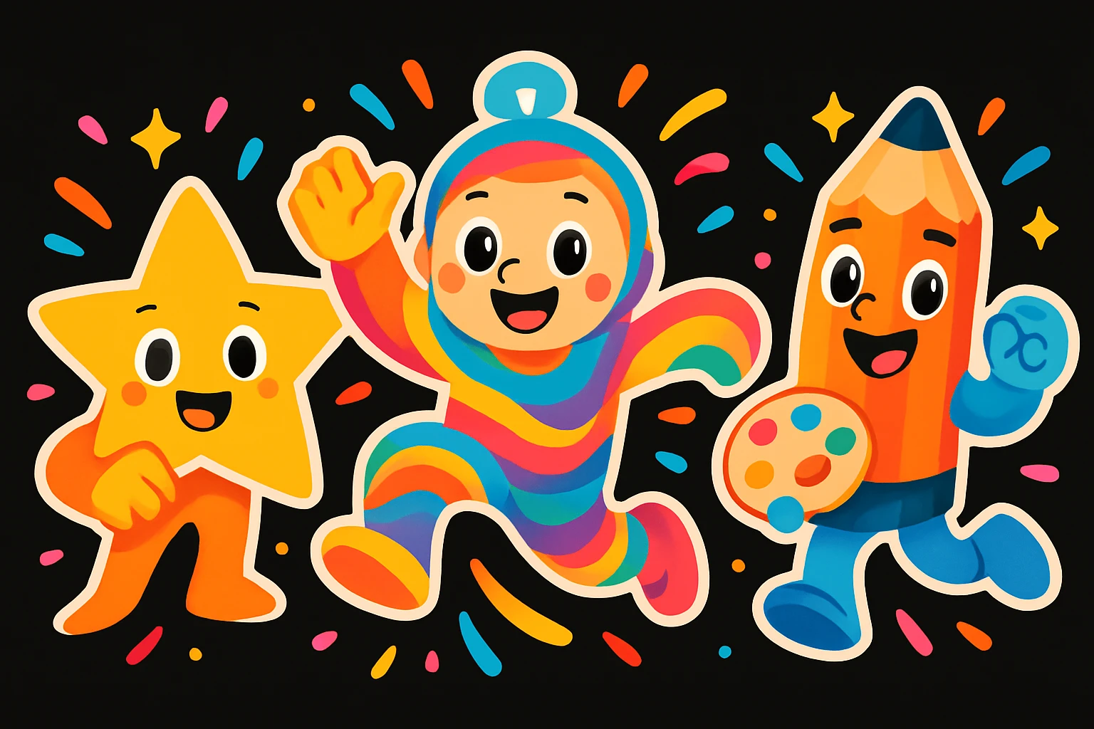 Unify the visual effects across all three mascots: use the same style of colorful motion lines, sparkles, and dynamic accents around each character, matching the playful, energetic, and imaginative vibe for a black website background. Enhance the playful, energetic, and imaginative vibe with consistent colorful motion lines, sparkles, and dynamic accents. emoji