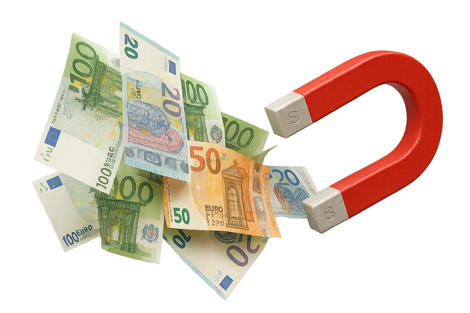 banconote di euro fluttuano vicino ad una calamita rossa, sono attratte, iperrealistico 4k emoji