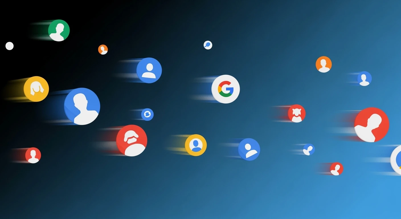 Graphic of a flying aroundg google profiles (Gradient black and blue background) emoji