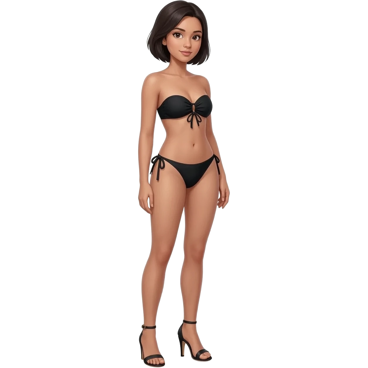 Black push up bikini and tie Tanga Filipino girl age 20s slim with feet high heels sandals stand straight short hair emoji