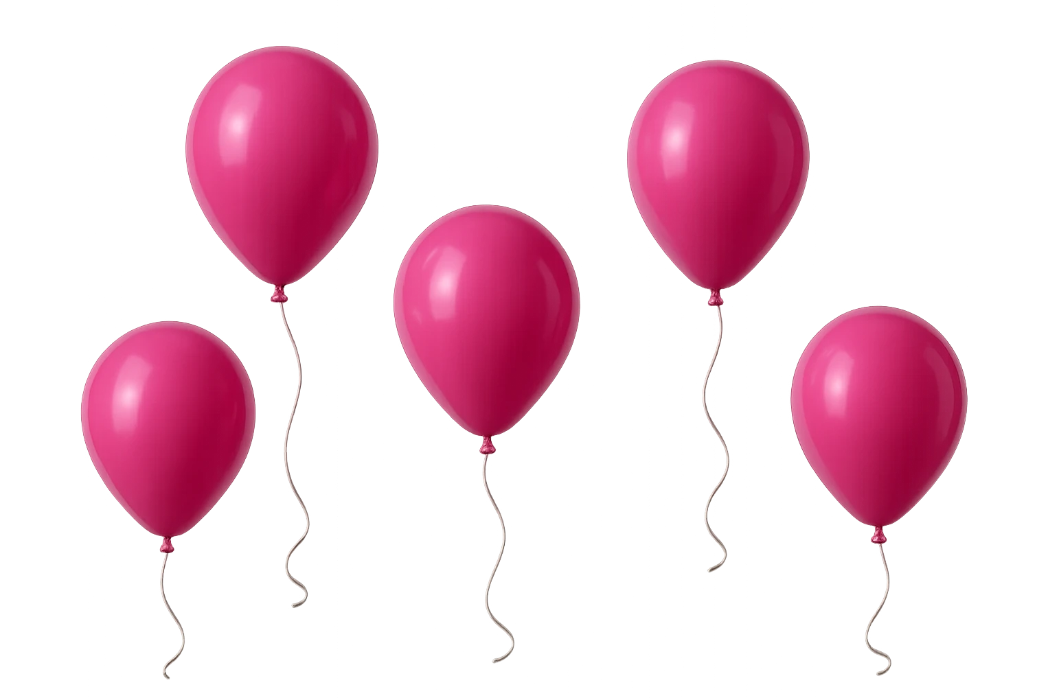 5 palloncini magenta fluttuano in aria isolati su sfondo bianco, iperrealistico 4k emoji