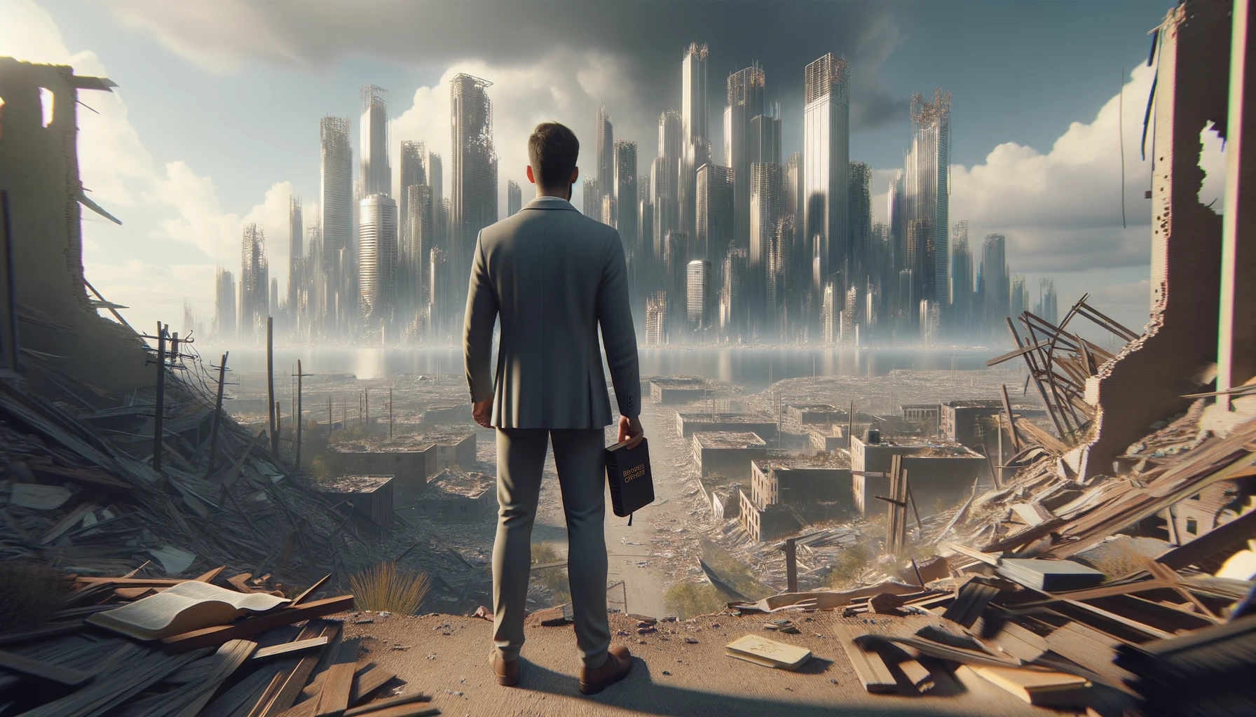 UOMO DI SPALLE DAVANTI AD UNA CITTà SMANTELLATA SENZA MURA CON UNA BIBBIA IN MANO, GUARDA LA CITTà, IPERREALISTICO 4K emoji