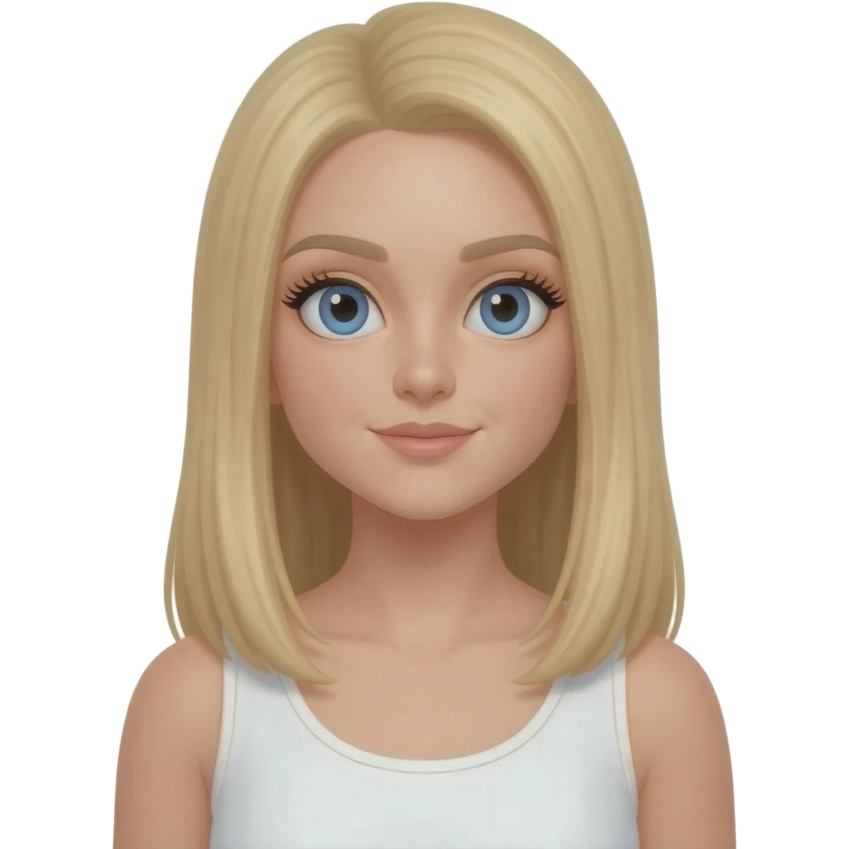 Cheveux lisse bien lisse blond avec les yeux bleus et un débardeur blanc et du mascara emoji