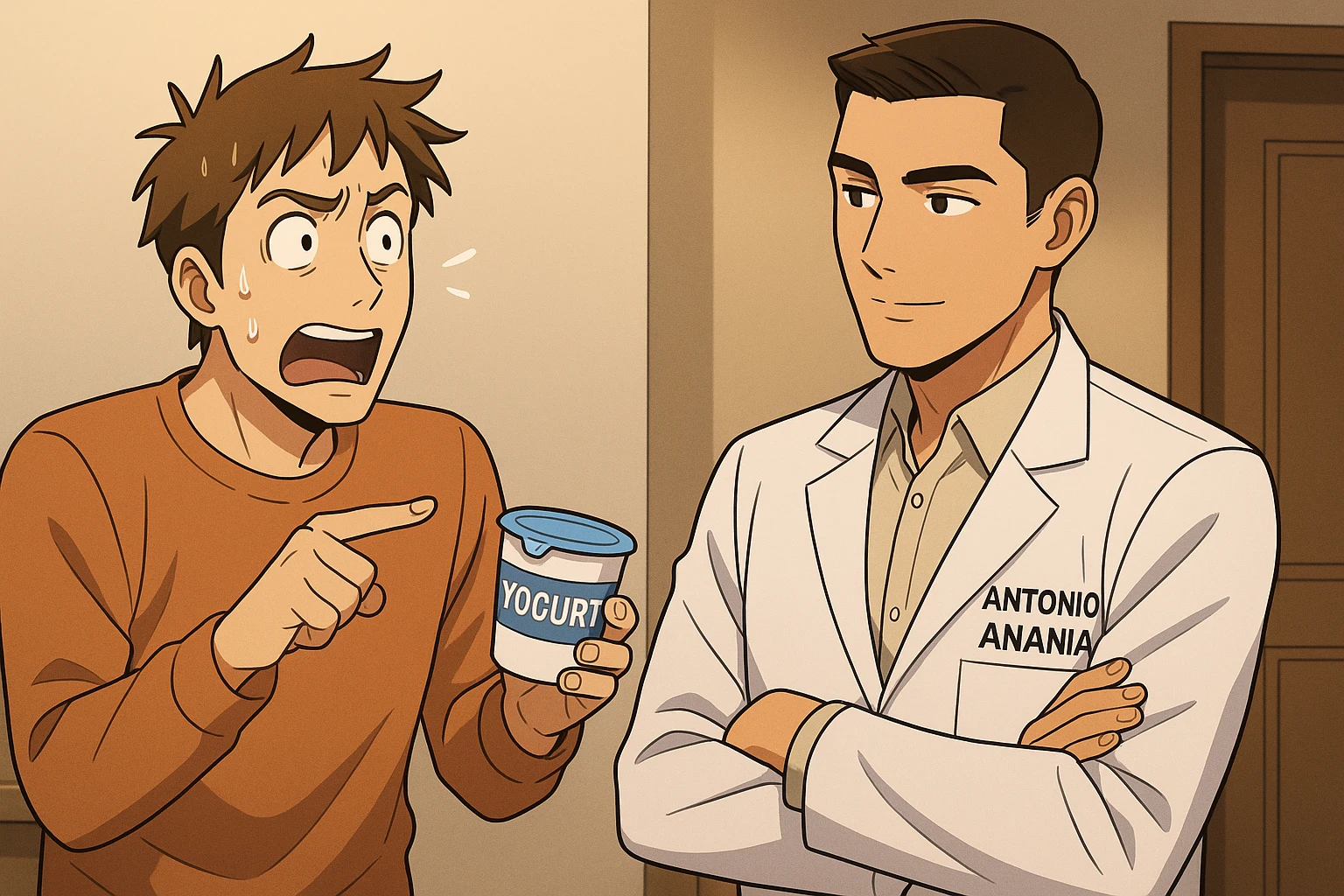 fai un webtoon manga a colori con questo stile, in cui un uomo chiede al kinesiologo con il camice bianco (fagli anche la scritta "ANTONIO ANANIA" SUL CAMICE, una domanda e il kinesiologo gli risponde, L'UOMO INDICA LO YOGURT CHE HA IN MANO ED è MOLTO ALLARMATO NEL FARE LA DOMANDA. non fare i fumetti però, fai solo in modo che sembri stiano parlando emoji