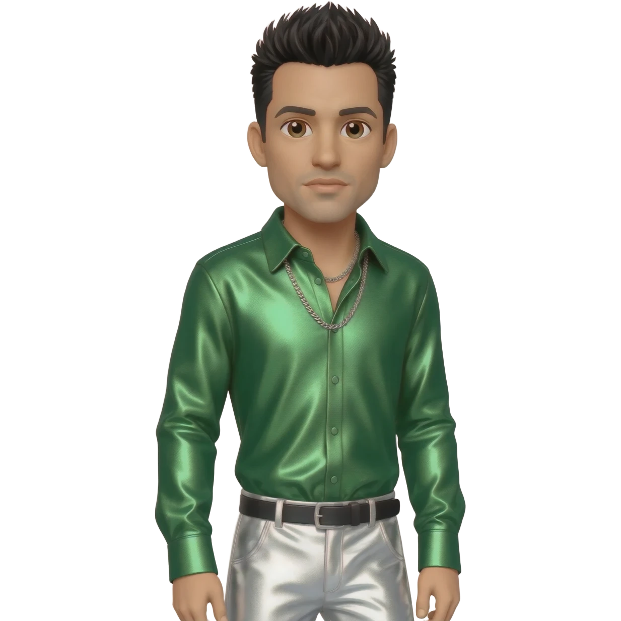 Danny Wood from NKOTB with brown eyes, black hair, green metallic shirt, white metallic baggy pants, silver necklace emoji