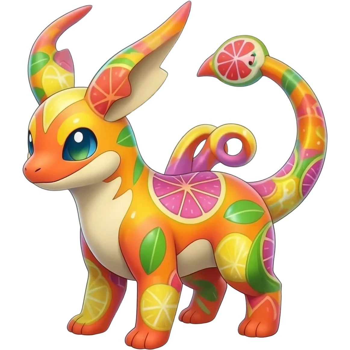 Colorful Fruity Iridescent Warm-colored Tropical Exotic Vernid-Sergal-Trico-Silvally-Nargacuga-fusion-hybrid-animal-creature, full body emoji