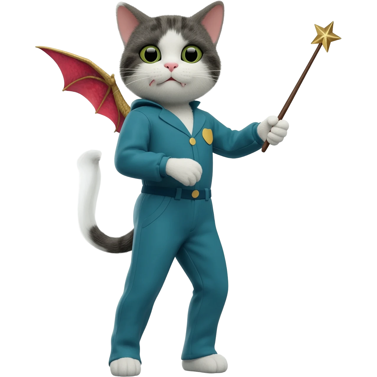 cat wearing  a jumpsuit with a want and a dragon attacking him emoji