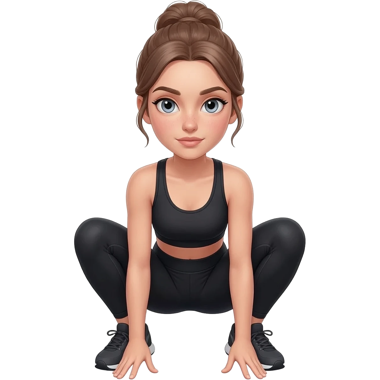 squat to reach, fair-skinned woman, light gray-blue eyes, ash brown brows, ash light brown hair tied back, slim athletic body, black workout set emoji
