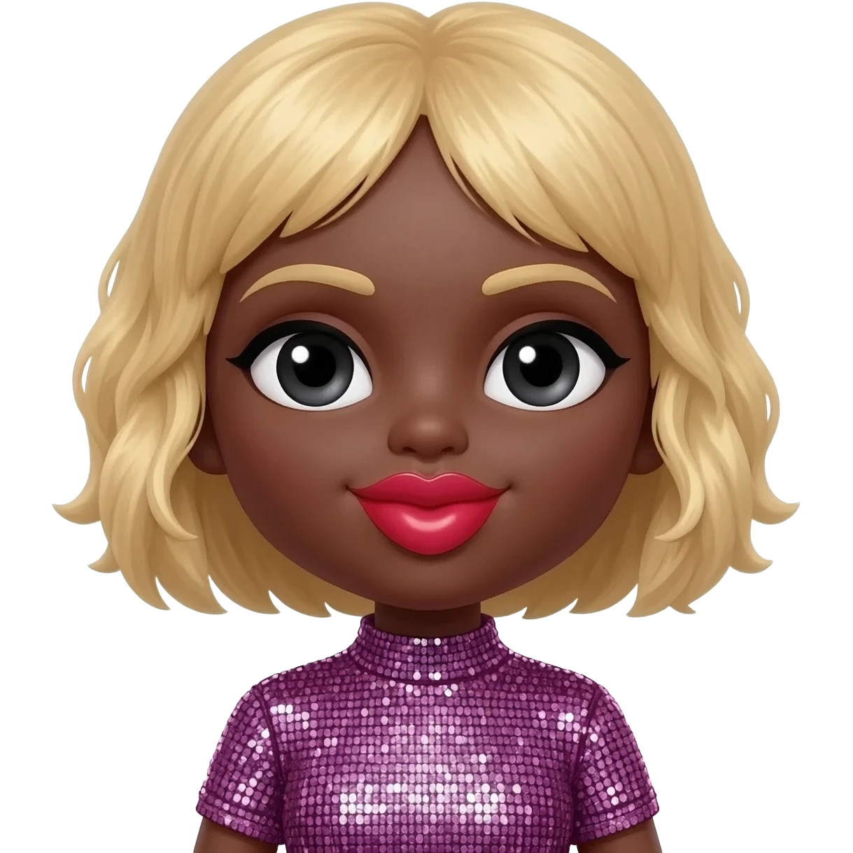 heart shaped cute lips bimbo, black doll eyes, Big lips barbie, dark brown skin with blonde hair, bimbocore outfit emoji